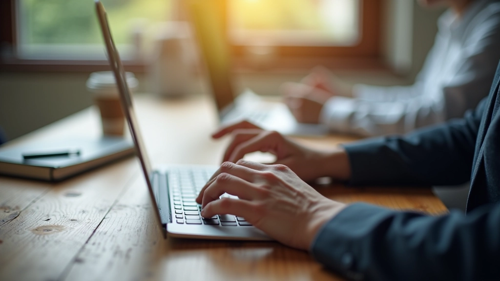 Hands typing on keyboard with email interface visible on screen, professional workspace environment