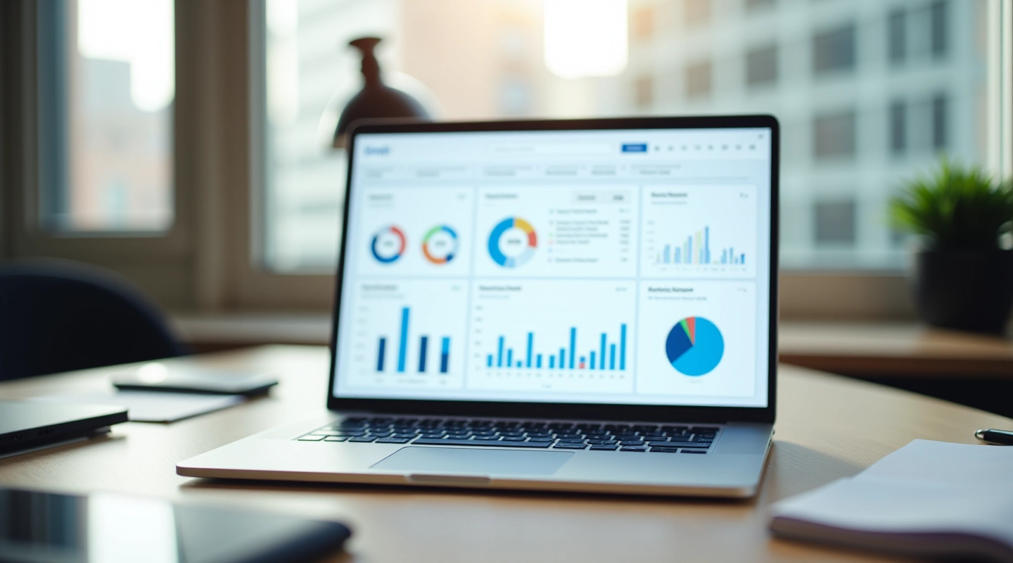 Laptop screen showing analytics dashboard with network connection visualization and link metrics