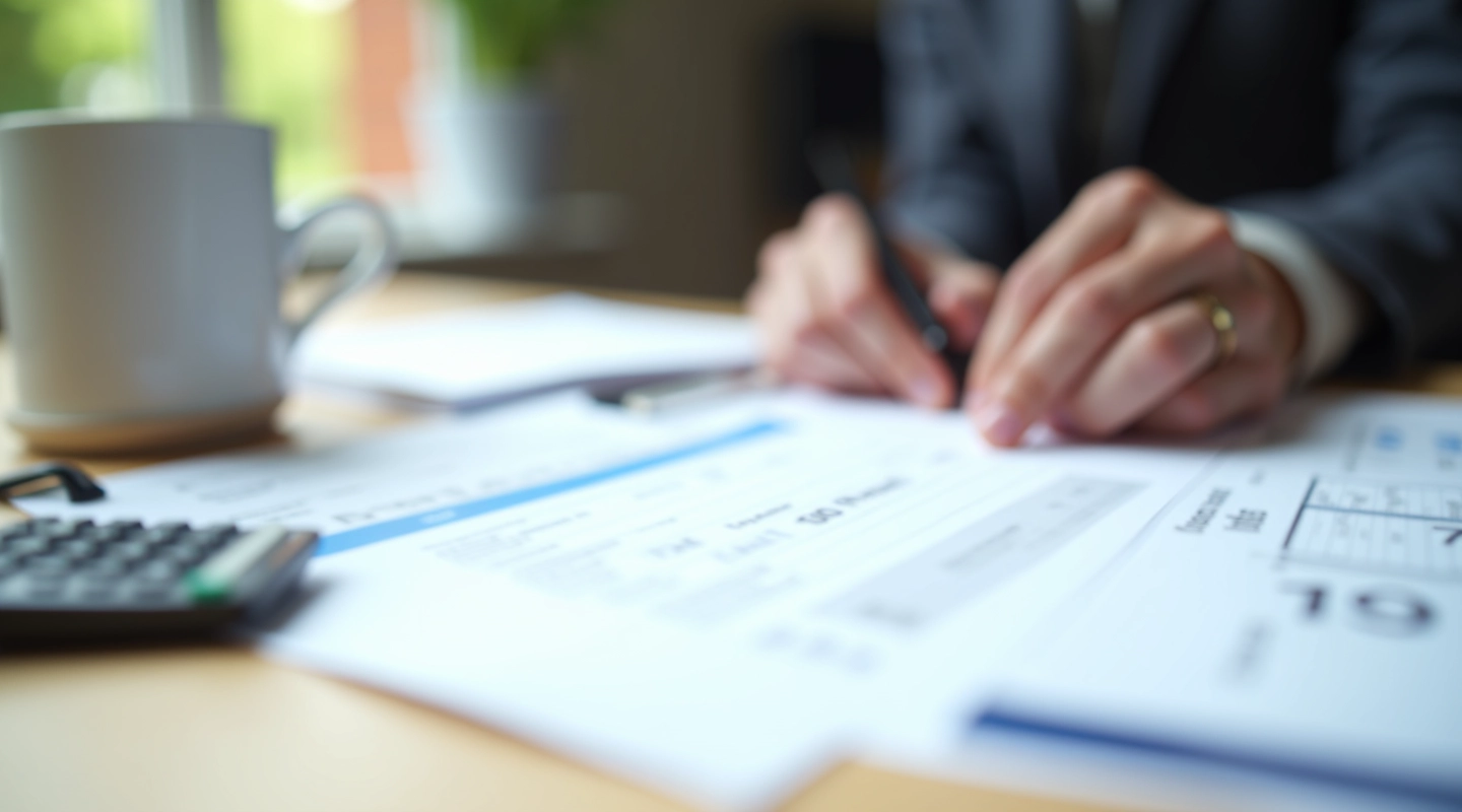 Tax documents and calculator on wooden desk with cup of coffee
